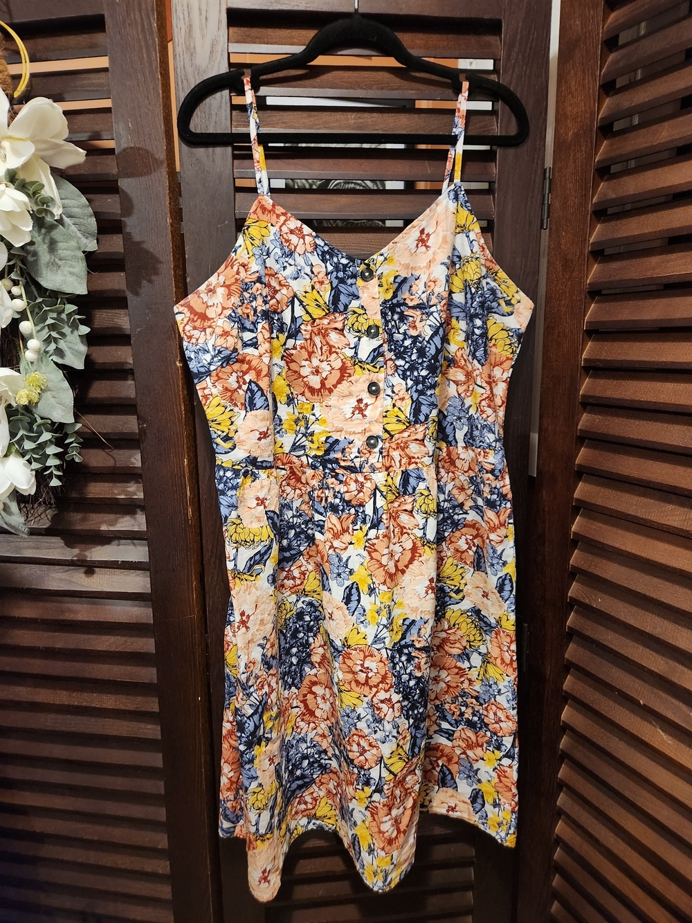 Floral Button-Front Midi Dress in Blue, Yellow & Rust
